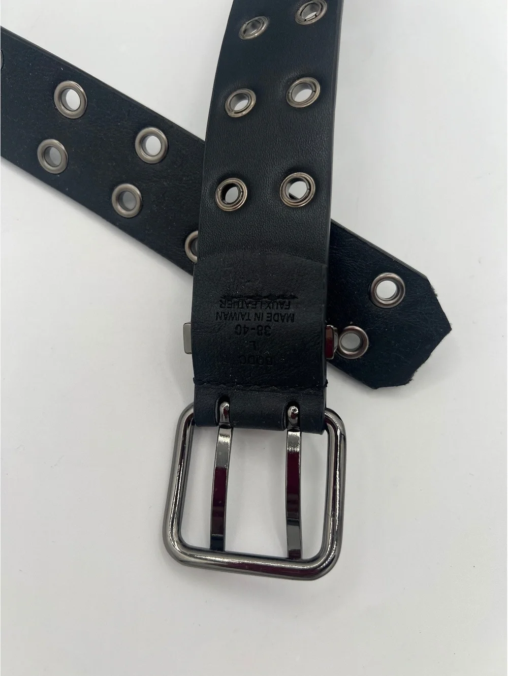 Black Double Prong Faux Leather Metal Eyelet Belt Size 38-40